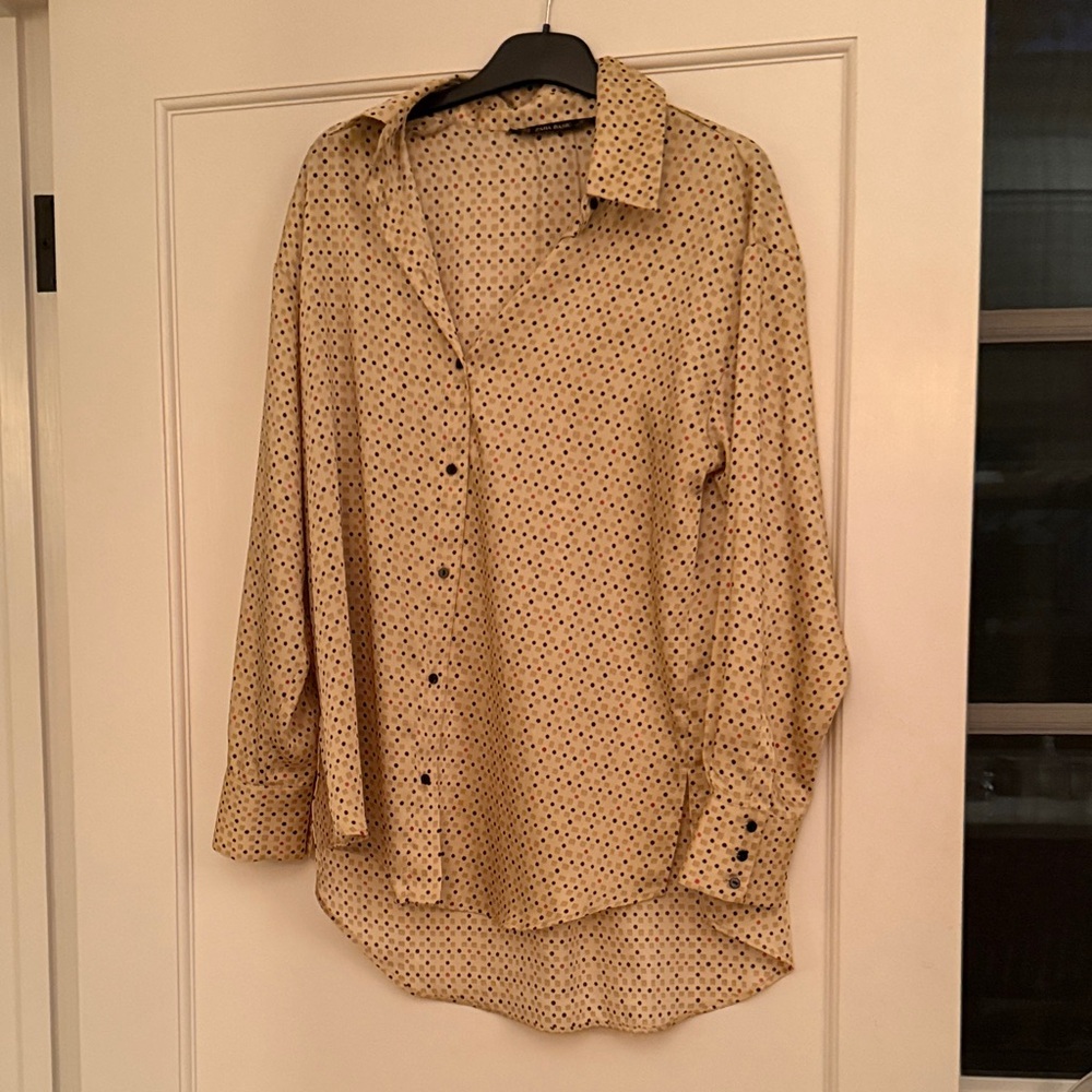 Zara Beige Button-Down Shirt with Navy Dot Pattern